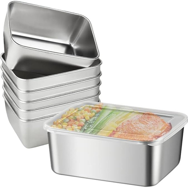 WANDGU Pack of 6 Stainless Steel Food Storage Containers: 13 x 10 x 5 cm Stainless Steel Food Storage Boxes, Food Storage Containers with Lid, Stainless Steel Fridge Organiser, Meal Prep Boxes,