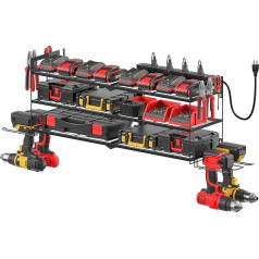 CCCEI Large Garage Tools Storage with Charging Station Power Tool Battery Organiser Utility Shelf with Power Strip 4 Drills Holder Wall Mount Rack Black 3 Layer