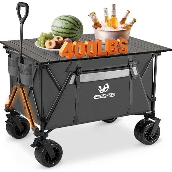 Handcart Foldable Transport Trolley with Adjustable Handle, Large Beach Handcart with Aluminium Table (92 x 56 cm), Ideal for Camping, Supermarket, Garden, 400 lbs Load Capacity