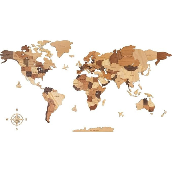 Creawoo Wooden 3D World Map Wall Decoration, Multi-layer Wooden Map Wall Nust for Home and Office, Multicoloured Wooden Travel Map, Perfect for Creative Gift, 100 x 57 cm