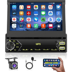 Hikity Car Radio 1 DIN Bluetooth Screen 7 Inch Touch Retractable Display Car Radio with Reversing Camera Bluetooth Hands-Free Kit FM USB Mirror Link