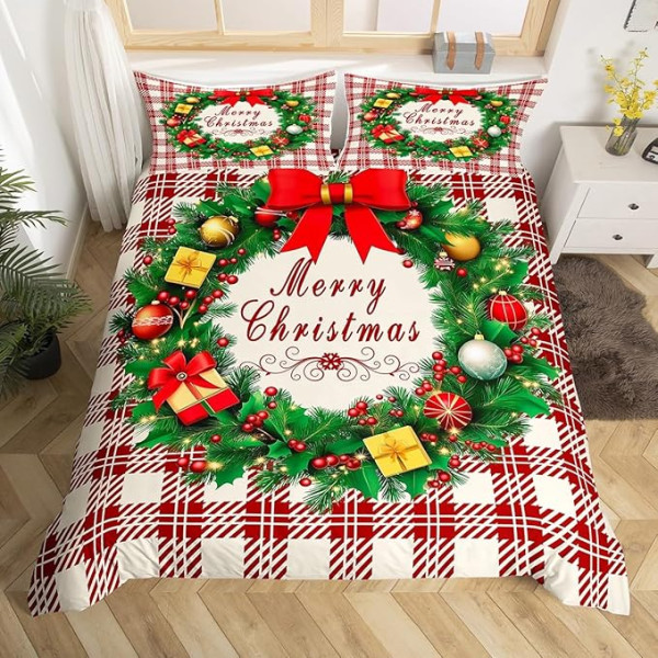 Homemissing Bettbezug-Set mit Weihnachtsmotiv, Einzelbett, für Kinder, Jungen, Mädchen, Teenager, Weihnachtskranz, Schleife, 3D-Druck, Weihnachtsgeschenk, Bettbezug mit 1 Kissenbezug, rotes Karomuster