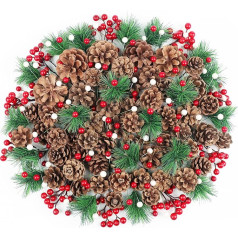 200 Pieces Christmas Pine Cones with Red Berries, Pine Branch Set, Natural Christmas Pine Cones, Pine Branches in Various Sizes, Artificial Red Berries as Christmas Tree Decorations Home