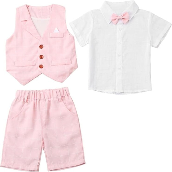 Runhomal Boys Gentleman Tuxedo Suit Short Sleeve Shirt + Fake Vest + Trousers + Tie Baby Clothing Chic Christening Suit for Festive Christening Wedding Clothing Sets