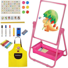 Children's Blackboard with Apron, Cartoon Alphabet Double-Sided Magnetic Board, Painting Board, Writing Board, Children, 360° Rotatable, 63-107 cm High Adjustable, Gift Girls 3 4 5 7 8 Years (Pink)