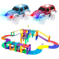 PicassoTiles 50-Piece Racing Highway Building Block, Educational Toy Set, Magnetic Tiles, Magnetic DIY Playset, 2 Luminous Car STEM Learning Building Kit, Hand-Eye Coordination, Fine Motor Training