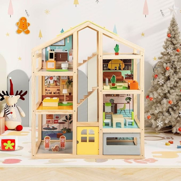 GOPLUS Wooden Doll's House Playset with 7 Rooms, 18 Pieces of Furniture, 2 Figures & 1 Pet Dog, Dream Villa with Realistic Furniture, 4-Tier Toy House for Girls and Boys from 3 Years