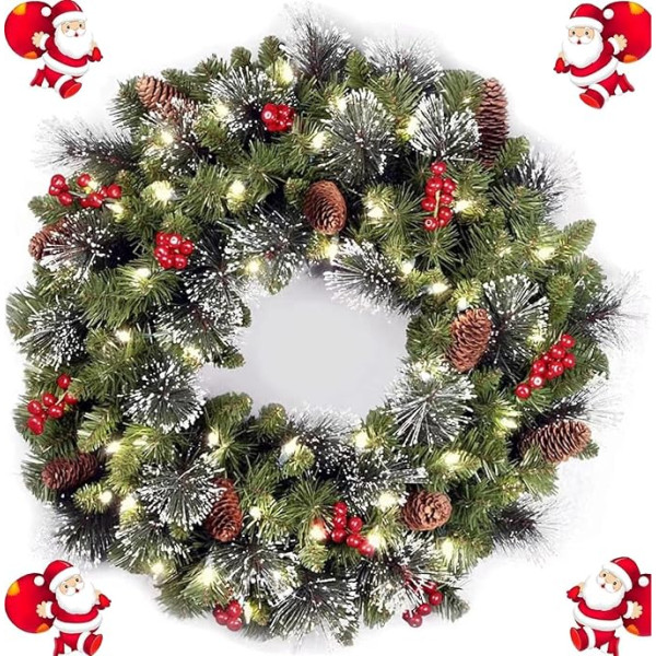 Christmas Wreath with 30 LED Lights, Lighted Christmas Wreath for Front Door, Christmas Wreath for Holiday, Christmas Party Decorations, 16 Inch (SET-1)