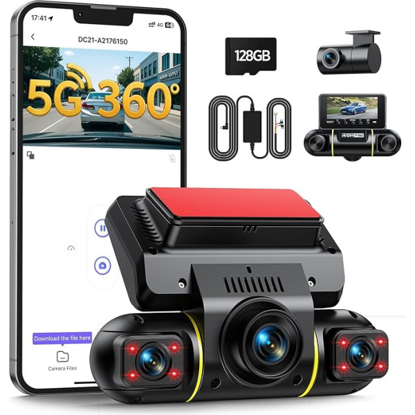LAMTTO Dash Cam Car Front Rear Interior 360 Degree Dash Cam Car Camera View 5G WiFi App Control 4 Channel Security Parking Monitor IR Night Vision Camera Hardwire Kit 128GB SD Card Free