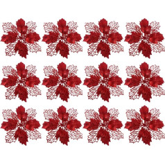 TOYANDONA Glitter Poinsettia, Artificial Flowers, Christmas Tree Decorations, Christmas Tree Pendants, Christmas Wreath Filler, Gold, Pack of 12, Polyethylene, Red, 14.5 x 14.5 cm