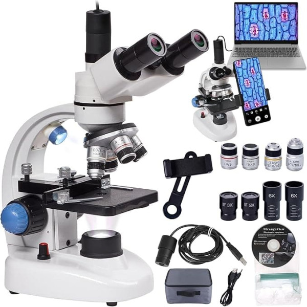 Trinocular Microscopes, 200 x 5000 x Composite Biological Microscopes with Electronic Eyepieces, Mechanical Stage and Phone Adapter for Students, Adults, Beginners, Laboratory Teaching