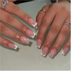 Einfache künstliche Nägel mit quadratischem Kopf und Geleekleber, aufklebbare French-Nägel mit rosa und weißem Farbverlauf, kurze, vollflächige Nagelspitzen(3635,M)