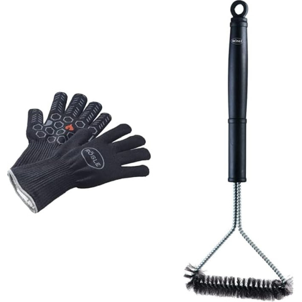 RÖSLE Premium BBQ Gloves, High Quality Gloves to Protect Against Burns & Grill Grate Cleaning Brush, High Quality Grill Brush for Cooking Grates Made of Stainless Steel, Chrome and Enamel, 43 cm