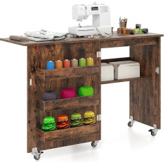 GIANTEX Folding Sewing Table, Sewing Machine Table on Wheels, Sewing Table for Sewing Machine, Wooden Sewing Cabinet, Multi-Purpose Table for Living Room, Study, Bedroom (Vintage Brown)