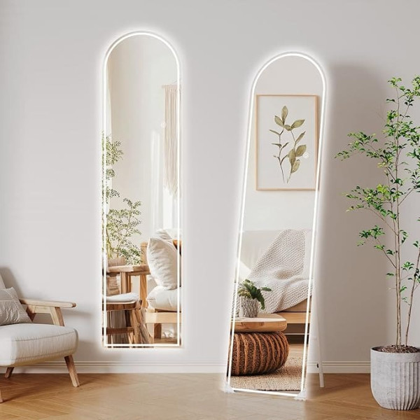 Clevich 160 x 40 cm Arc Full Body Mirror with Lighting LED Curved Standing Mirror 3 Light Colours Dimmable Stepless Wall Mirror Floor Mirror Standing Mirror Large with Memory Function Touch Switch