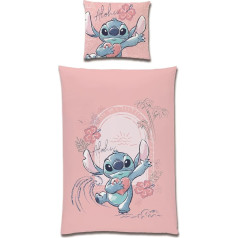 Familando Lilo and Stitch Bed Linen for Girls in 135 x 200 cm 80 x 80 cm · Children's Bed Linen Made of 100% Cotton with Zip · Bedding Set with Stitch Aloha Motif (Pink)