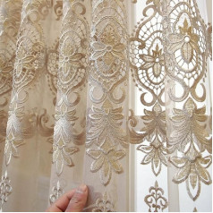 Amidoudou Pencil Pleat Curtains European Embroidery Jacquard Sheer Curtains Luxury Beige Elegant Tulle Curtains for Bedroom Living Room (Beige, 66 x 90 Inch)