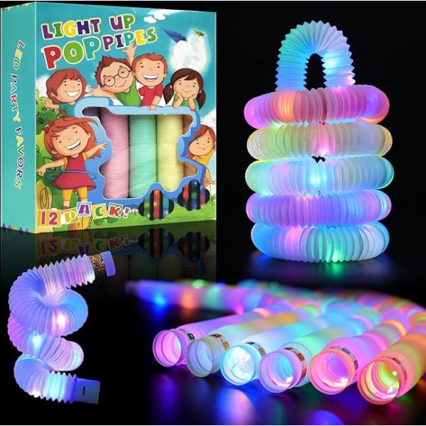 DWOOKE Pack of 12 Glow Pop Tubes, LED Glow Lights, Party Favors for Children Aged 3-8-12, Fidget and Stress Relief Toy, Classroom Prizes and Rewards, Party Supplies