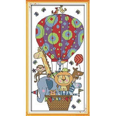 CRAFTiDA CraftiDA Adult Beginner Cross Stitch Kit Pre-Printed Embossed Cross Stitch Kit 11ct Handmade Home Wall Decor by CraftiDA (Animals Travel with Hot Air Balloon)