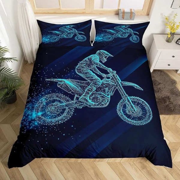 Homewish Children's Dirt Bike Duvet Cover 135 x 200 cm Motocross Driver Bedding Set Motorcycle Sports Duvet Cover for Boys Girls Teens Motorcycle Extreme Sports Bedspread for Living Room, Blue