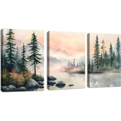 3 Pieces Lakeshore Sunset Landscape Canvas Pictures with Frame, Misty Forest Mountain Watercolour Wall Pictures Pink Bedroom Picture on Canvas Art Print Decoration for Living Room for Hanging 40 x 60