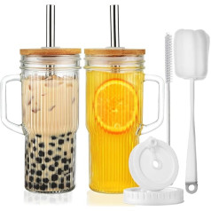 ALINK Ribbed Glass Cups with Bamboo Lids and Straws, Set of 2, Glass Cups with Handle, Reusable Iced Coffee Cups, Wide Mouth Mason Jar, Boba Smoothie Cups, Drinking Glasses with 2
