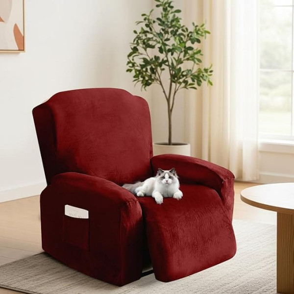 PLODAXE 4-Piece Armchair Protector for Recliner Chair, Stretch Cover Armchair Cover Complete with Pockets, Velvet Elastic Cover for Wingback Chair, TV Chair, Lounger, Armchair (Red)