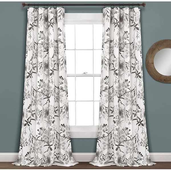 Lush Decor Botanical Garden Curtains Flower Bird Print Room Blackout Window Panel Set for Living Room 95 x 52 Inch Panel Pair Grey/White