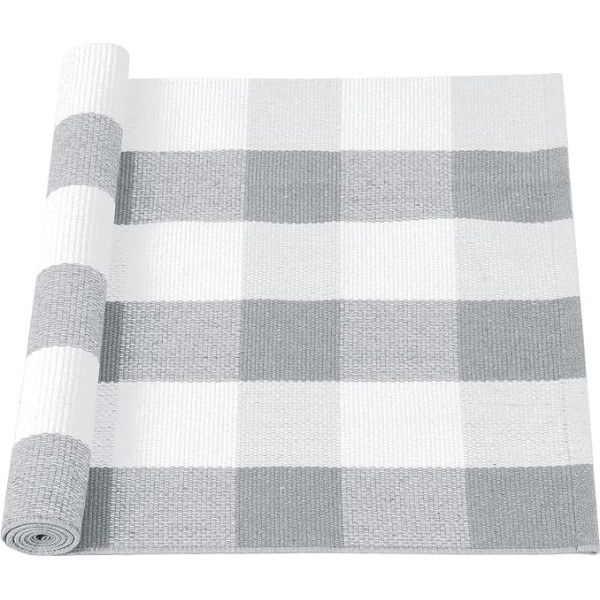sourcing map Cotton Rug Plaid Indoor Outdoor Woven Washable Buffalo Plaid Retro Door Mat Runner for Porch Kitchen Grey and White 51 x 24 Inch