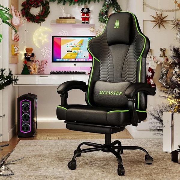 Gaming Chair Ergonomic Gaming Chair with Footrest, Racing Gaming Chair Headrest Adjustable Computer Chair Height Adjustable Lumbar Support for Home Office and Gaming Green