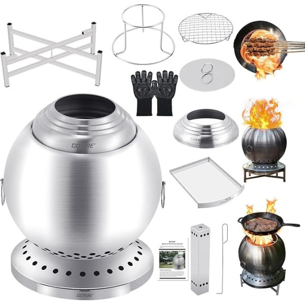 Goture Smokeless Fire Bowl Diameter 18 cm with Triple Combustion 150% Efficiency, Ball Fire Barrel with Grill Grate and Base Frame for 360° Heat, Garden, Patio, Camping (Low Smoke & Portable)