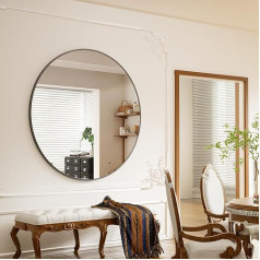 BEAUTYPEAK 90 cm Round Mirror, Shatterproof Wall Mirror with Aluminium Frame, Bathroom Mirror for Hanging and Leaning, Round Wall Mirror for Bedroom, Bathroom, Living Room