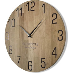 FLEXISTYLE Large Natural 50 cm Diameter Wood Look 100% Oak, Modern Wood, Living Room, No Ticking Noise, z228-d-1-50 cm, Wood Oak