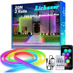 Lichaser RGB+IC Outdoor Flexible Neon LED Strip, IP68 Outdoor Bluetooth Neon LED Strip Sync with Music, 24 V Waterproof LED Strip Light Outdoor for Parties, Patio Lighting (20 m)