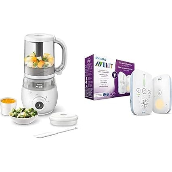 Philips AVENT 4-in-1 Baby Food Preparer SCF883/01, Steamer, Steaming, Mixing, 1000 ml Capacity, White & Audio Baby Monitor SCD503/26 - DECT Technology, Crystal Clear Sound, White