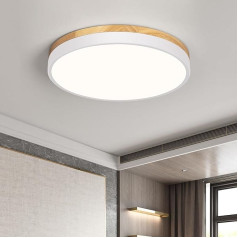 Qamra Ceiling Light, LED Ceiling Light, Wood, 30 cm, Flat Ceiling Light, White, 24 W Round Lamp for Living Room, Bedroom, Kitchen, Hallway, Dining Room, 4000 K