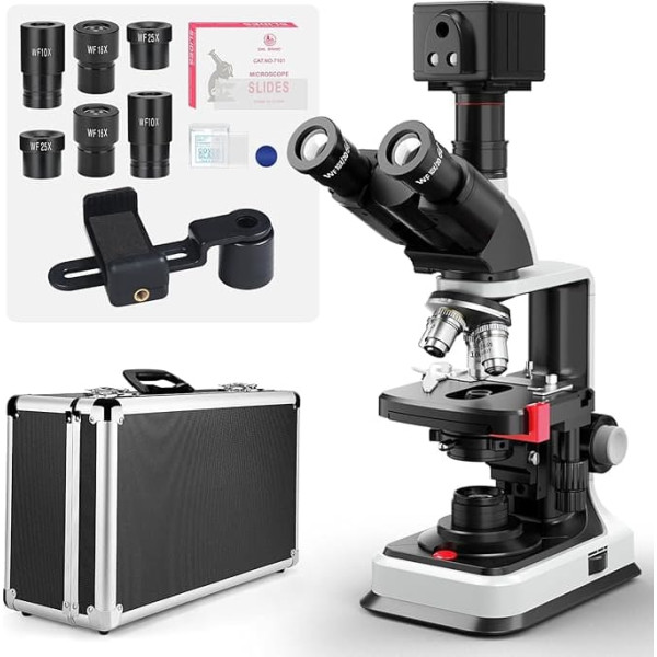 [Dual Power Supply] Vabiooth Lab Compound Trinocular Microscope with 5MP Camera, 40X-2500X Magnification, Free Software - Image Capture, Video Recording, Length Measurement, Wide Field Eyepieces
