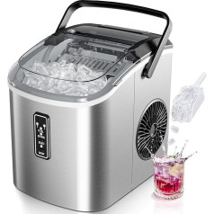 EUHOMY Compact Ice Cube Maker, 9 Ice Cubes Ready in 6 Minutes, 12 kg/Day, Self-Cleaning with Carry Handle, Basket and Scoop, 2 Ice Cube Sizes, for Home, Kitchen, Office, Silver
