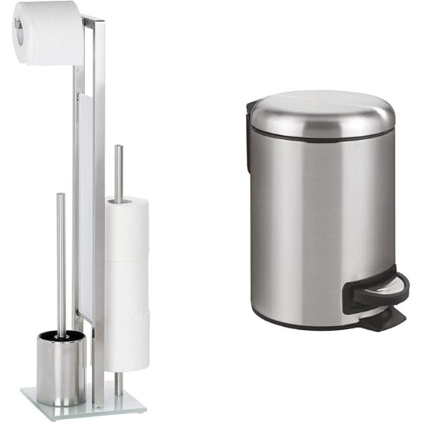 WENKO Rivalta Rivalta Toilet Brush Holder and Cosmetic Pedal Bin Leman Easy Close Stainless Steel 3L with Soft-Close Mechanism and Anti-Fingerprint Capacity: 17 x 25 x 22.5 cm