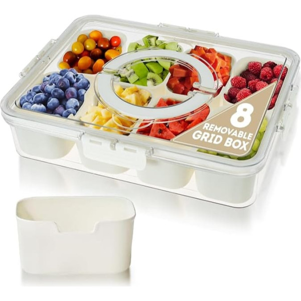 8 Compartments Food Container with Handle & Lid - Snack Box with Compartments for Parties Reusable Snack Containers Split Serving Tray with Lid for Vegetables, Fruits, Sweets, Nuts