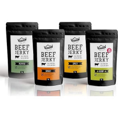 Craftsman Beef Jerky without Sugar 100% Natural | Set 4 x 50 g = 200 g Tasting Pack | From Germany - Bavaria | Jerky Mix | Protein 68% | Dried Meat | Hemp Pepper Smoky Chili