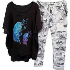 2 Teiler Damen Sommer, Top und Lang Weit Bein Hose, Hosenanzüge Lockere Beiläufig Lounge Set Rundhals Kurzen Ärmeln Tracksuit Atmungsaktive Leichte Sportswear Bedrucktes Sexy Jogger