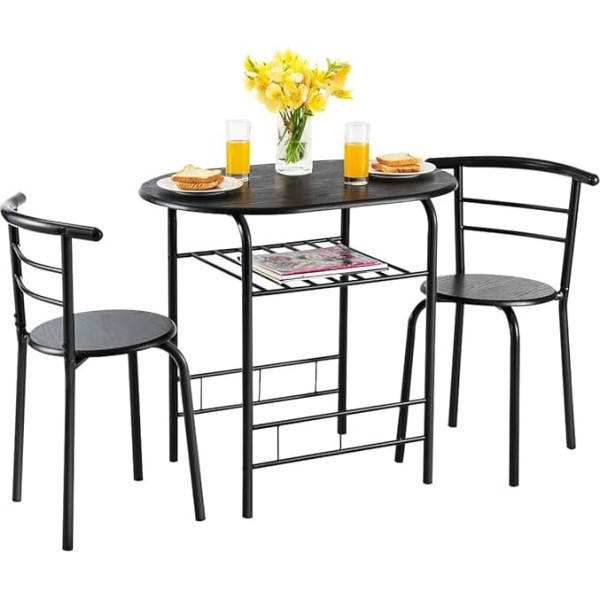 Ldaily LUARANE 3-Piece Dining Table Set, Small Dining Table for 2 with Metal Frame and Wine Rack, Breakfast Nook, Table Set for Home, Bistro, Pub, Apartment, Kitchen, Dining Room, Cafe (Black)