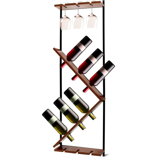 Aremigo ® Wall Wine Rack - for 6 Wine Bottles & 6 Glasses [For Any Wall] Quick to Assemble | Walnut Look | Wine Rack Narrow | Bottle Rack Narrow | Wine Stand | Wine Rack | Wine Rack