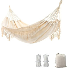Yaersi Outdoor Boho Hammock for 2 People, Load Capacity up to 204 kg, Portable with Carry Bag for Patio, Garden, Yard, Indoor - Beige