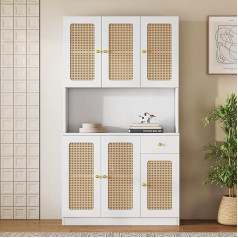 Komhtom White Rattan Tall Cabinet Sideboard Storage Cabinet Sideboard with Six Doors and One Small Drawer, Multi-Purpose Cabinet Suitable for Living Room Bedroom Kitchen (White)
