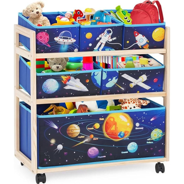 Yosamy Children's Toy Organiser with Wheels and 6 Large Capacity Storage Containers for Storing Toys for Children's Room, Planet Pattern