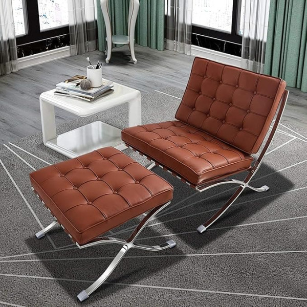 Jwws Foldable Real Leather Lounge Chair with Footrest Barcelona Style Sofa Armchair Relaxer, Stainless Steel Frame and High Density Sponge Cushion Retro Bedroom Living Room Reading Room Office Folding