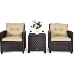 Costway 3-Piece Rattan Garden Furniture Set, Polyrattan Seating Set, 2 Armchairs & 1 Side Table, Balcony Furniture, Bistro Set, Garden Set, Garden Lounge Garden Set Including Glass Top and Seat