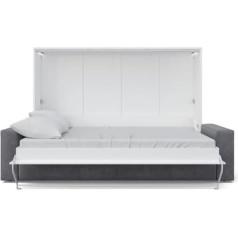 ‎Maximahouse MAXIMAHOUSE Invento Horizontal Wardrobe Bed LED 140H (140 x 200) with Milo 23 Sofa Wall Bed (White/White Matt + Grey Sofa)